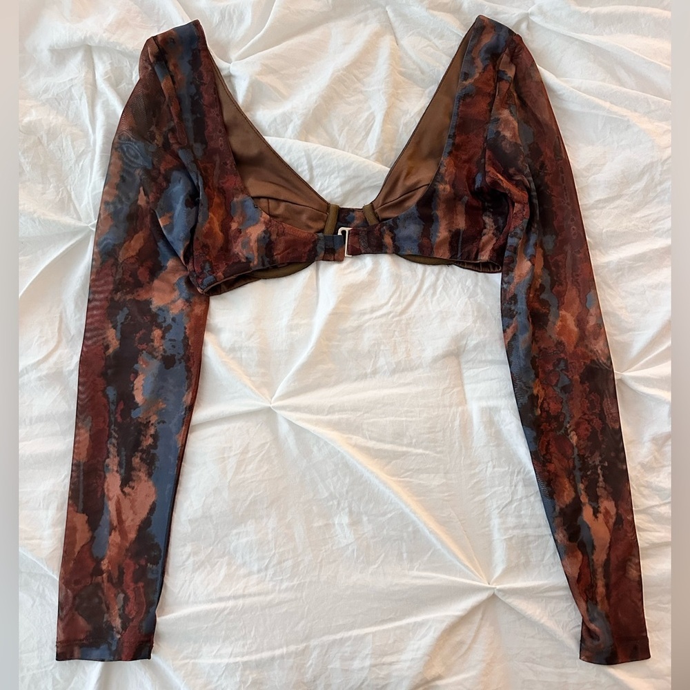 Brown and Blue Long Sleeve Going Out Crop Top Size S - Picture 3 of 4